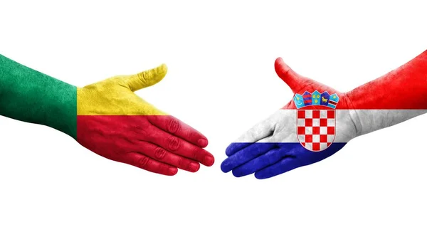 Handslag Mellan Benin Och Kroatien Flaggor Målade Händer Isolerad Transparent — Stockfoto