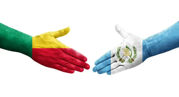 Händedruck Zwischen Benin Und Guatemala Flaggen Auf Hände Gemalt Isoliertes — Stockfoto