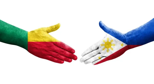 Jabat Tangan Antara Bendera Benin Dan Filipina Dicat Tangan Gambar — Stok Foto
