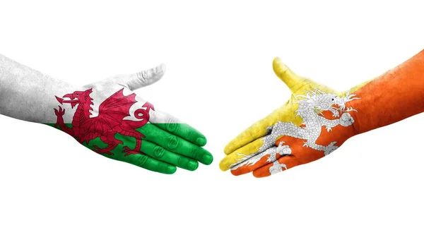 Aperto Mão Entre Butão Bandeiras País Gales Pintadas Mãos Imagem — Fotografia de Stock
