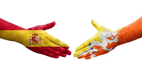 Händedruck Zwischen Bhutan Und Spanien Flaggen Auf Hände Gemalt Isoliertes — Stockfoto