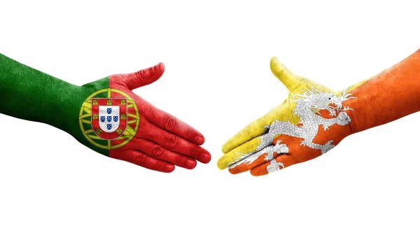 Händedruck Zwischen Bhutan Und Portugal Flaggen Auf Hände Gemalt Isoliertes — Stockfoto