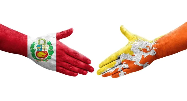 不丹和秘鲁之间握手 手绘国旗 孤立透明的形象 — 图库照片