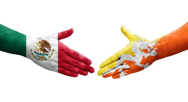 Χειραψία Μεταξύ Μπουτάν Και Μεξικού Σημαίες Ζωγραφισμένα Στα Χέρια Απομονωμένη — Φωτογραφία Αρχείου