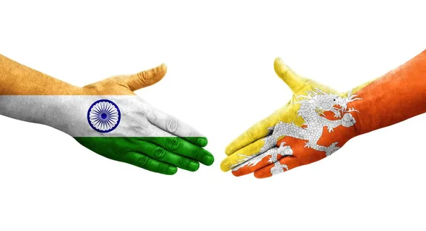 Aperto Mão Entre Butão Índia Bandeiras Pintadas Mãos Imagem Transparente — Fotografia de Stock