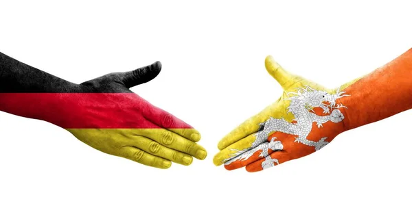 不丹和德国之间握手 手绘国旗 孤立透明的形象 — 图库照片