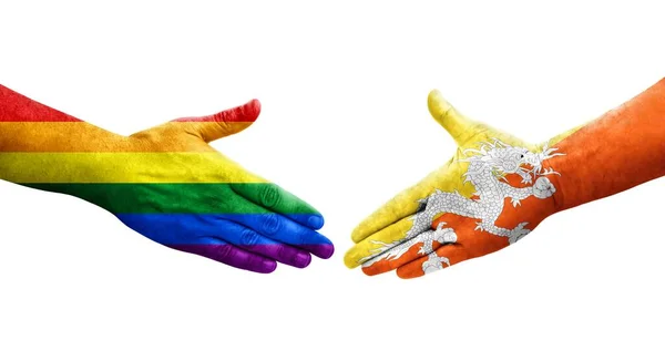 不丹和男女同性恋 双性恋和变性者的握手旗帜手绘 孤立透明的图像 — 图库照片