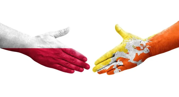 Handshake Bhutan Poland Flags Painted Hands Isolated Transparent Image — Stock Photo, Image