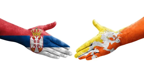 Aperto Mão Entre Butão Sérvia Bandeiras Pintadas Mãos Imagem Transparente — Fotografia de Stock