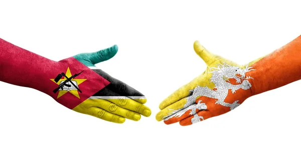 Aperto Mão Entre Butão Moçambique Bandeiras Pintadas Mãos Imagem Transparente — Fotografia de Stock