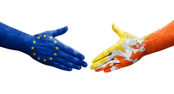 Aperto Mão Entre Butão Bandeiras União Europeia Pintadas Mãos Imagem — Fotografia de Stock