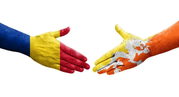 Handshake Entre Butão Romênia Bandeiras Pintadas Mãos Imagem Transparente Isolada — Fotografia de Stock