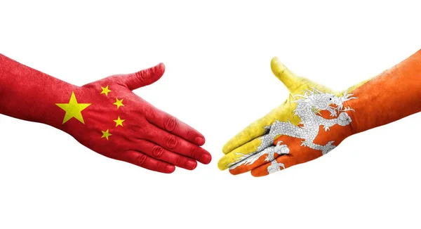 Kézfogás Között Bhután Kína Zászlók Festett Kézen Elszigetelt Átlátszó Kép — Stock Fotó