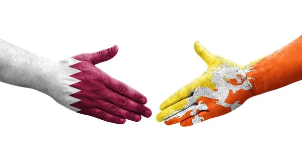 不丹和卡塔尔之间握手 手绘国旗 孤立透明的形象 — 图库照片