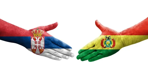 Aperto Mão Entre Bolívia Sérvia Bandeiras Pintadas Mãos Imagem Transparente — Fotografia de Stock