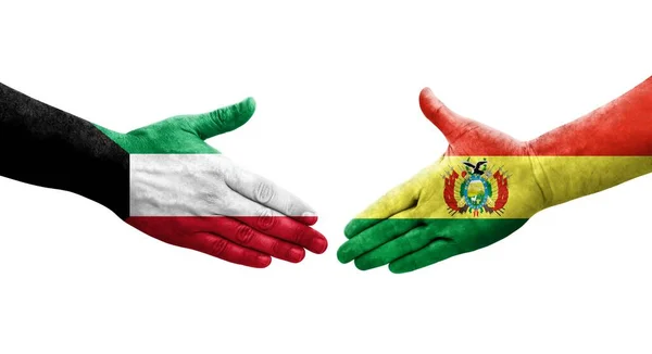 Χειραψία Μεταξύ Βολιβίας Και Κουβέιτ Σημαίες Ζωγραφισμένα Στα Χέρια Απομονωμένη — Φωτογραφία Αρχείου