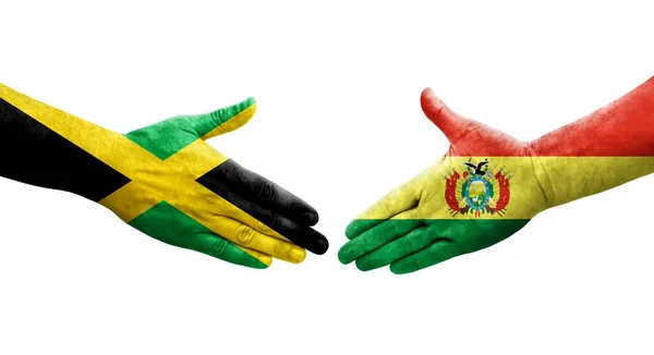 Apretón Manos Entre Bolivia Jamaica Banderas Pintadas Las Manos Imagen —  Fotos de Stock