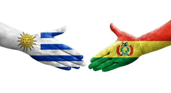 玻利维亚和乌拉圭之间握手 手绘国旗 孤立透明的形象 — 图库照片