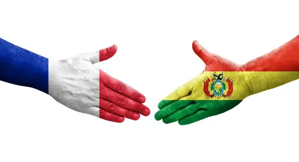 玻利维亚和法国之间握手 手绘国旗 孤立透明的形象 — 图库照片