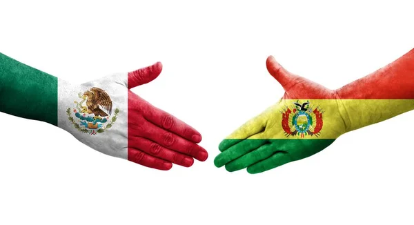 Stretta Mano Tra Bolivia Messico Bandiere Dipinte Mani Isolata Immagine — Foto Stock
