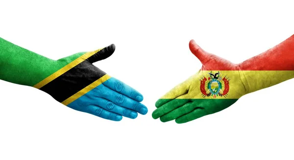 Aperto Mão Entre Bolívia Tanzânia Bandeiras Pintadas Mãos Imagem Transparente — Fotografia de Stock