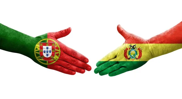 Χειραψία Μεταξύ Βολιβίας Και Πορτογαλίας Σημαίες Ζωγραφισμένες Στα Χέρια Απομονωμένη — Φωτογραφία Αρχείου