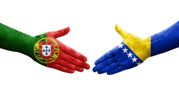 Apretón Manos Entre Bosnia Portugal Banderas Pintadas Las Manos Imagen — Foto de Stock
