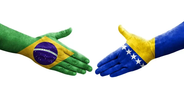 Aperto Mão Entre Bósnia Brasil Bandeiras Pintadas Mãos Imagem Transparente — Fotografia de Stock