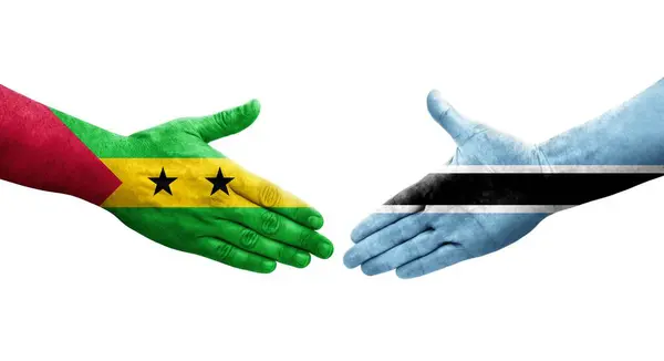 Χειραψία Μεταξύ Μποτσουάνα Και Σάο Τομέ Και Πρίνσιπε Σημαίες Ζωγραφισμένα — Φωτογραφία Αρχείου