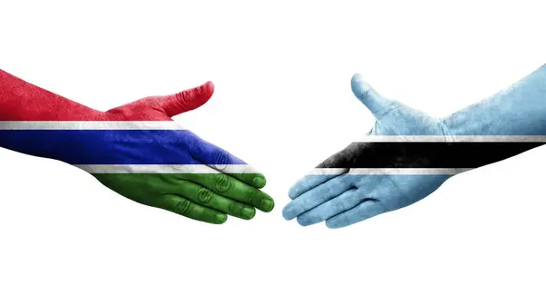 Poignée Main Entre Les Drapeaux Botswana Gambie Peints Sur Les — Photo