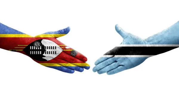 Aperto Mão Entre Bandeiras Botswana Eswatini Pintadas Mãos Imagem Transparente — Fotografia de Stock