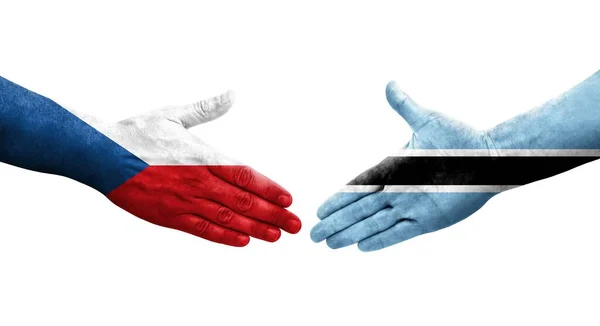 Aperto Mão Entre Botsuana Checoslováquia Bandeiras Pintadas Mãos Imagem Transparente — Fotografia de Stock