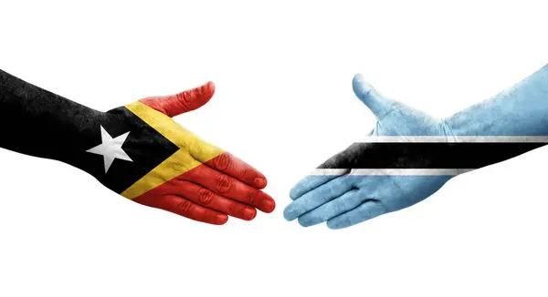 Stretta Mano Tra Botswana Timor Est Bandiere Dipinte Mani Isolata — Foto Stock
