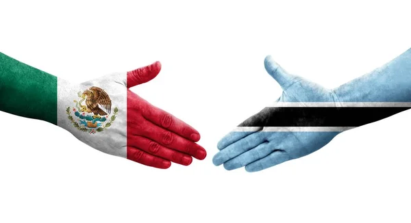 Χειραψία Μεταξύ Μποτσουάνα Και Μεξικού Σημαίες Ζωγραφισμένα Στα Χέρια Απομονωμένη — Φωτογραφία Αρχείου