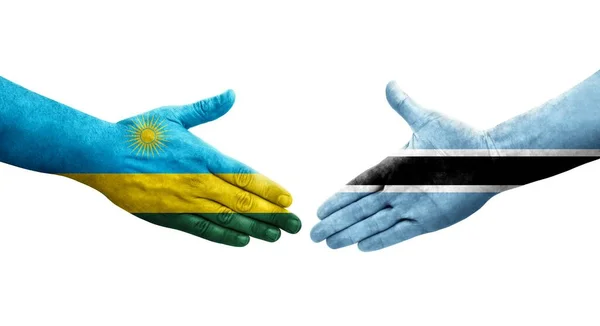 Aperto Mão Entre Botsuana Bandeiras Ruanda Pintadas Mãos Imagem Transparente — Fotografia de Stock