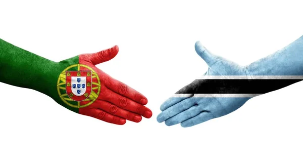 Aperto Mão Entre Botsuana Bandeiras Portugal Pintadas Mãos Imagem Transparente — Fotografia de Stock