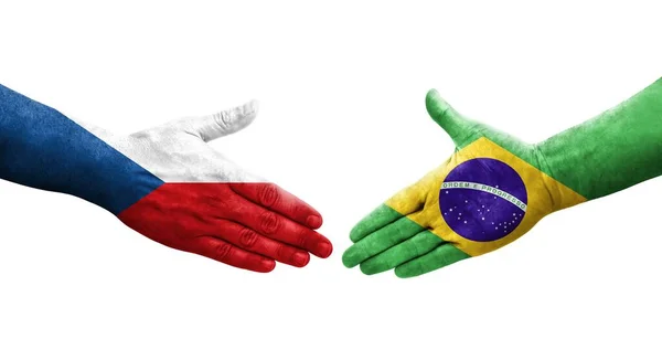 Apretón Manos Entre Brasil Chequia Banderas Pintadas Las Manos Imagen — Foto de Stock