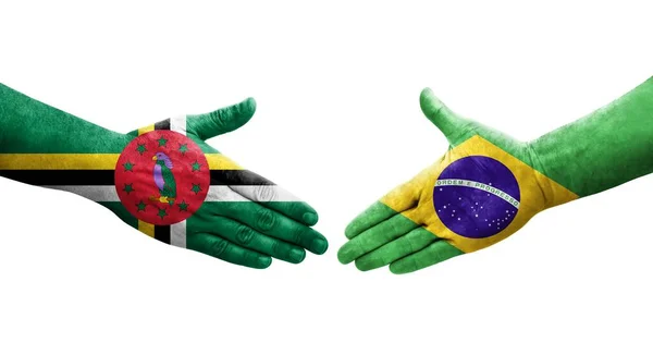 手に描かれたブラジルとドミニカの旗の間の握手 隔離された透明なイメージ — ストック写真