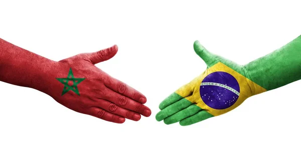 Apretón Manos Entre Brasil Marruecos Banderas Pintadas Las Manos Imagen — Foto de Stock