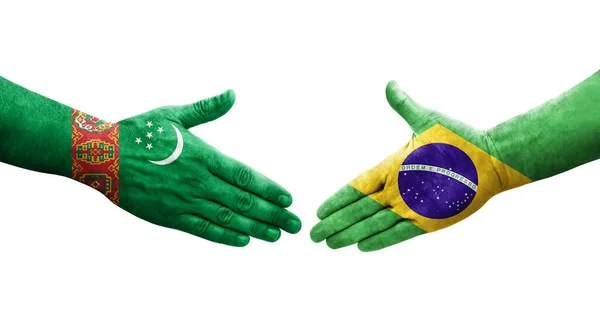 Kézfogás Brazília Türkmenisztán Zászlók Festett Kézen Elszigetelt Átlátszó Kép — Stock Fotó