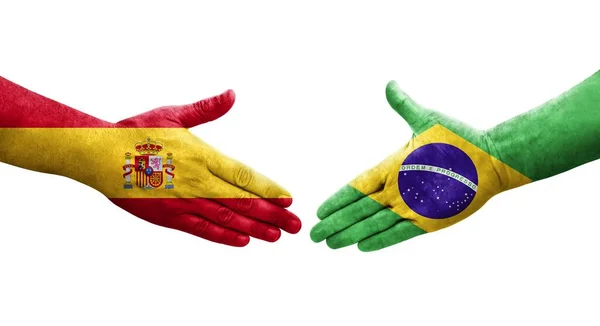 巴西和西班牙之间握手 手绘国旗 孤立透明的图像 — 图库照片