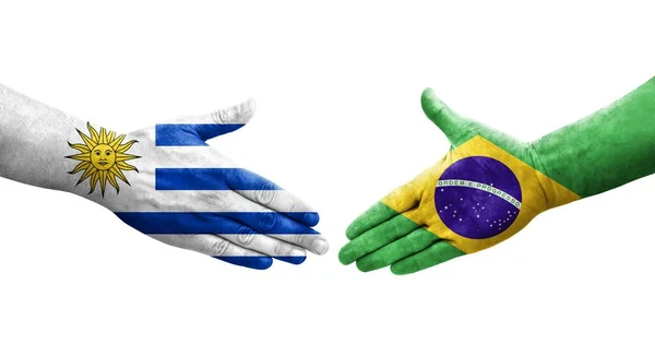 Stretta Mano Tra Brasile Uruguay Bandiere Dipinte Mani Isolata Immagine — Foto Stock