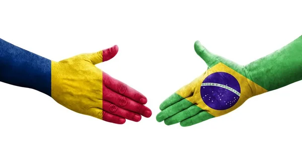 Apretón Manos Entre Brasil Chad Banderas Pintadas Las Manos Imagen —  Fotos de Stock