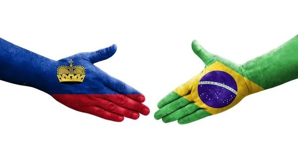 Aperto Mão Entre Brasil Liechtenstein Bandeiras Pintadas Mãos Imagem Transparente — Fotografia de Stock
