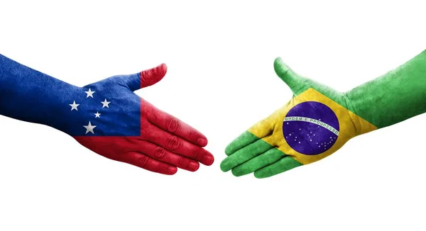 Poignée Main Entre Brésil Les Samoa Drapeaux Peints Sur Les — Photo