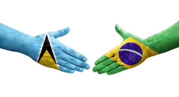 Apretón Manos Entre Brasil Santa Lucía Banderas Pintadas Las Manos —  Fotos de Stock