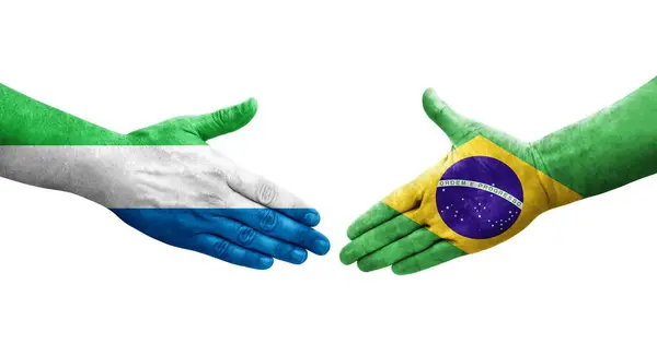 Apretón Manos Entre Brasil Sierra Leona Banderas Pintadas Las Manos —  Fotos de Stock