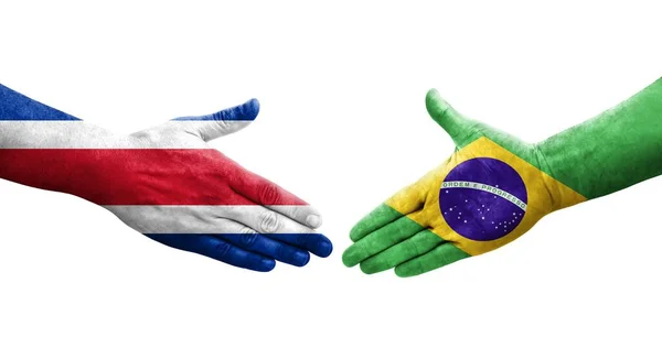 Mano Apretada Entre Brasil Costa Rica Banderas Pintadas Las Manos — Foto de Stock