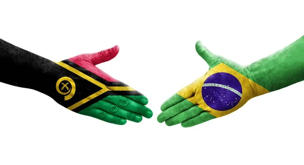 Kézfogás Brazília Vanuatu Zászlók Festett Kézen Elszigetelt Átlátszó Kép — Stock Fotó