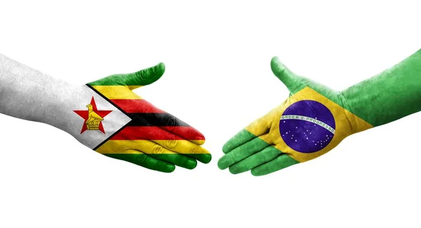 Stretta Mano Tra Brasile Zimbabwe Bandiere Dipinte Mani Immagine Isolata — Foto Stock